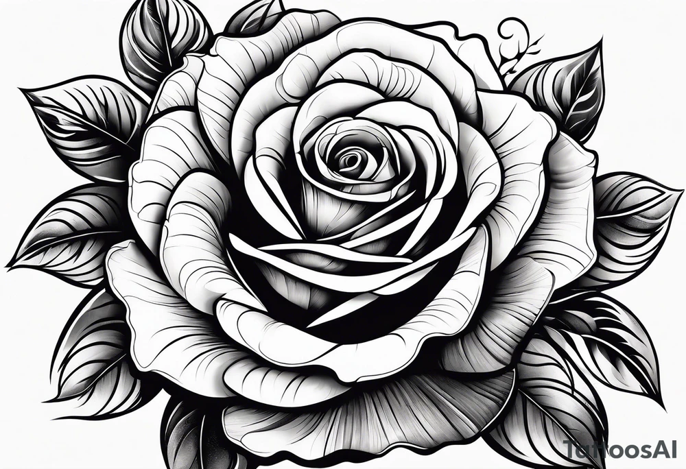 Bloomed rose attached with female body, kneeling tattoo idea