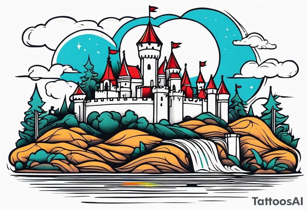 castle vintage tattoo style old school traditional bold color tattoo idea