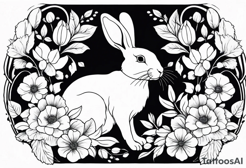 Realistic rabbit in the middle of realistic flowers and leaves tattoo idea