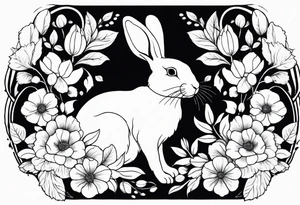 Realistic rabbit in the middle of realistic flowers and leaves tattoo idea