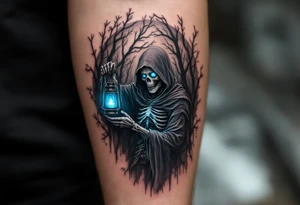 A skeletal Reaper holding a lantern glowing with soft blue light inside a haunted forest. tattoo idea