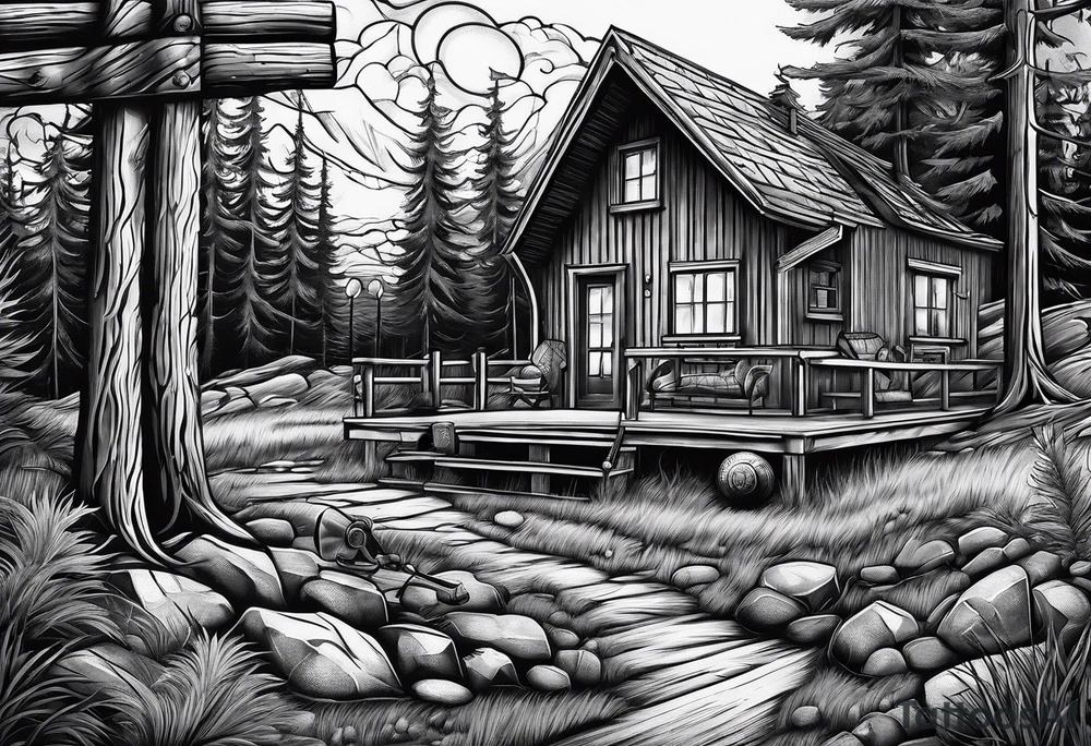 cross with whiskey glass, golf club, camp fire and cabin in the quandrants tattoo idea
