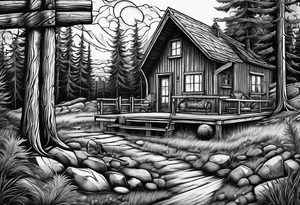 cross with whiskey glass, golf club, camp fire and cabin in the quandrants tattoo idea