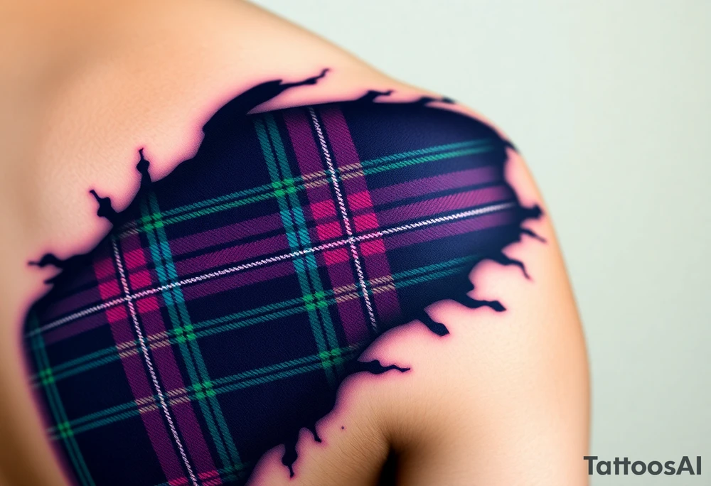 Dark Purple with green pink blue and white highlights tartan fabric on bicep with skin shedding away to reveal tartan underneath tattoo idea