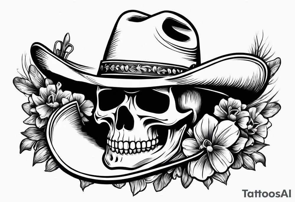 Mexican skull-wearing cowboy hat with art paintbrushes and bluebonnet flowers tattoo idea