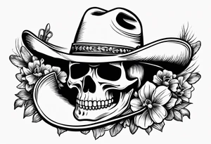 Mexican skull-wearing cowboy hat with art paintbrushes and bluebonnet flowers tattoo idea