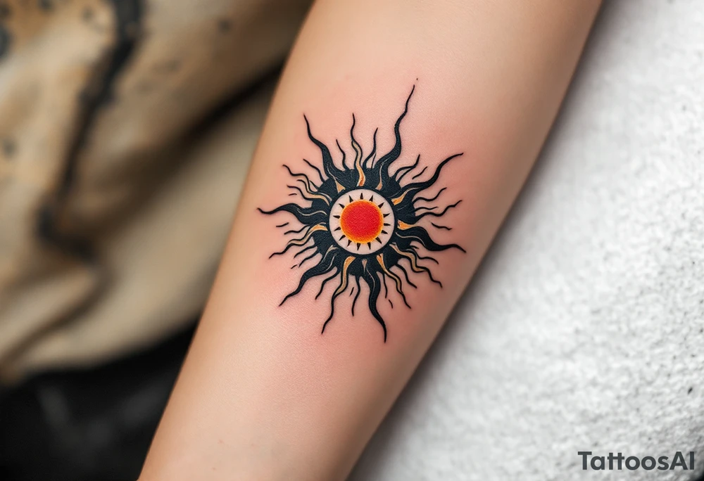 The Kolovrat, a solar symbol representing the eternal cycle of life, is often inked in bold black or fiery red and orange tones. tattoo idea