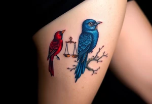 2 birds as the focus, 1 red bird in a suit, 1 navy blue bird with glasses, scales of justice in a tree, starry night painting and mountain background tattoo idea