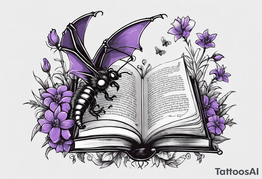 an open book. Above the book, a small dragon, flies. a pawn chess piece. Below the book, a cluster of lavender flowers, with a bumblebee tattoo idea