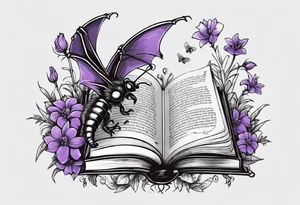 an open book. Above the book, a small dragon, flies. a pawn chess piece. Below the book, a cluster of lavender flowers, with a bumblebee tattoo idea
