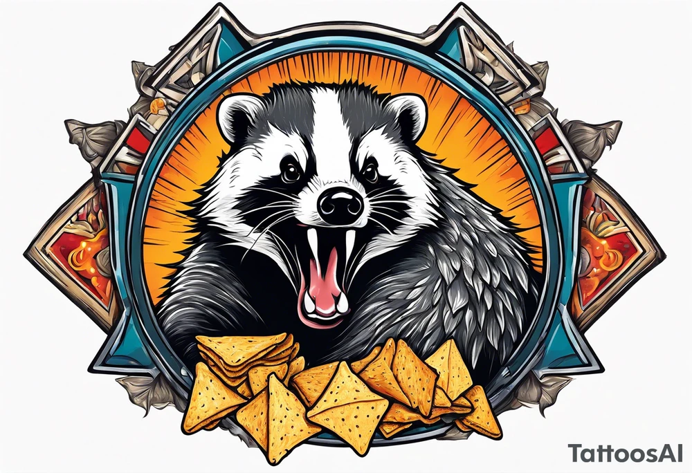 Angry badger with mouth open holding Doritos tattoo idea