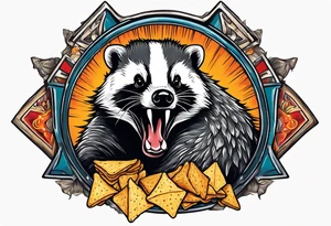 Angry badger with mouth open holding Doritos tattoo idea