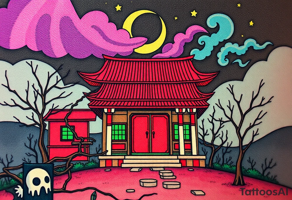 Tim Burton’s haunted pastel Tokyo shrine is abandoned except for one lone samurai ghost and dripping with muted reds, dusty pinks, and eerie green glow.purple and cyan smokey clouds swirl in the crescent moonlit sky thats sprinkled with stars tattoo idea tattoo idea