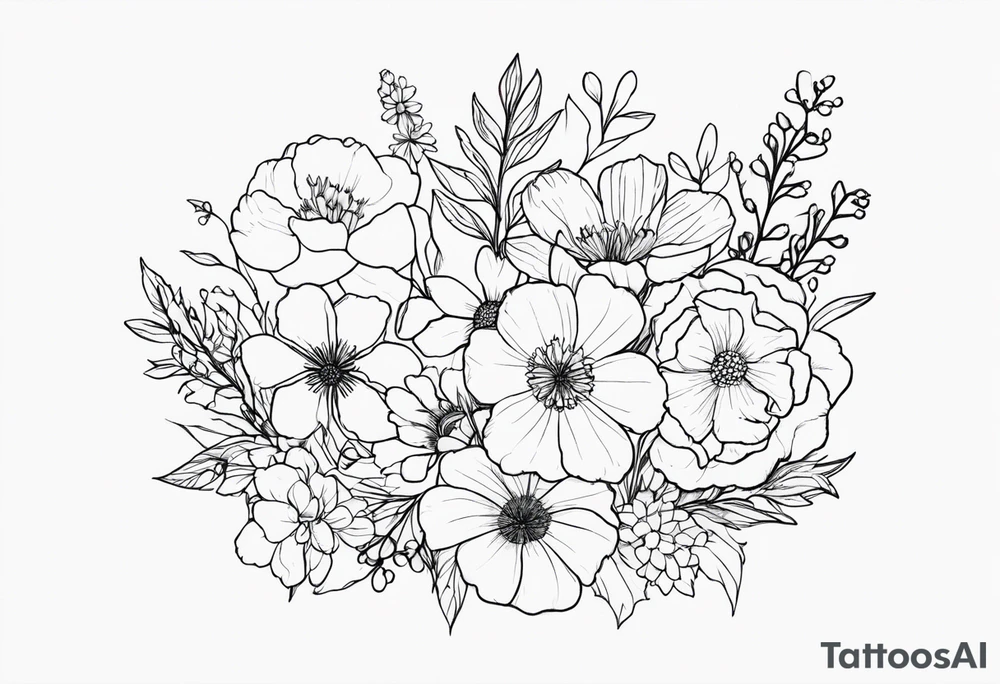 fine line flower bouquet made from the birth month flowers of march may june july tattoo idea