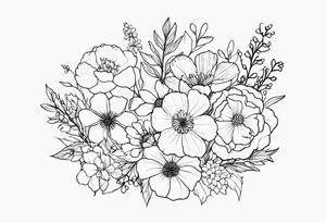 fine line flower bouquet made from the birth month flowers of march may june july tattoo idea