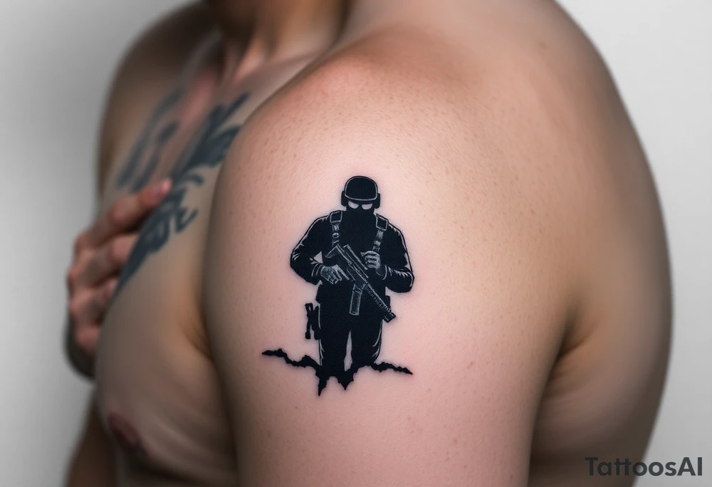 Minimalist covert operative symbolism representing loyalty and survival, faceless soldier silhouette emerging from darkness, torn fabric, subtle scars, controlled posture, black and grey realism, emotional restraint, understated strength, tattoo sleeve element. tattoo idea