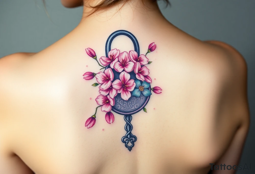 A cherry blossom lock with pink petals gently falling around it, with an intricately designed silver key flowing below unattached to the lock tattoo idea