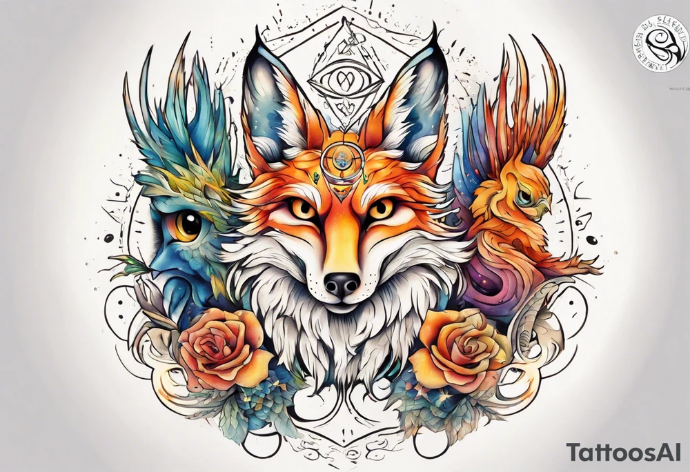 fisch, fuchs und eule , symetrie  sonne, universum, bunt, " sapere aude" tattoo idea