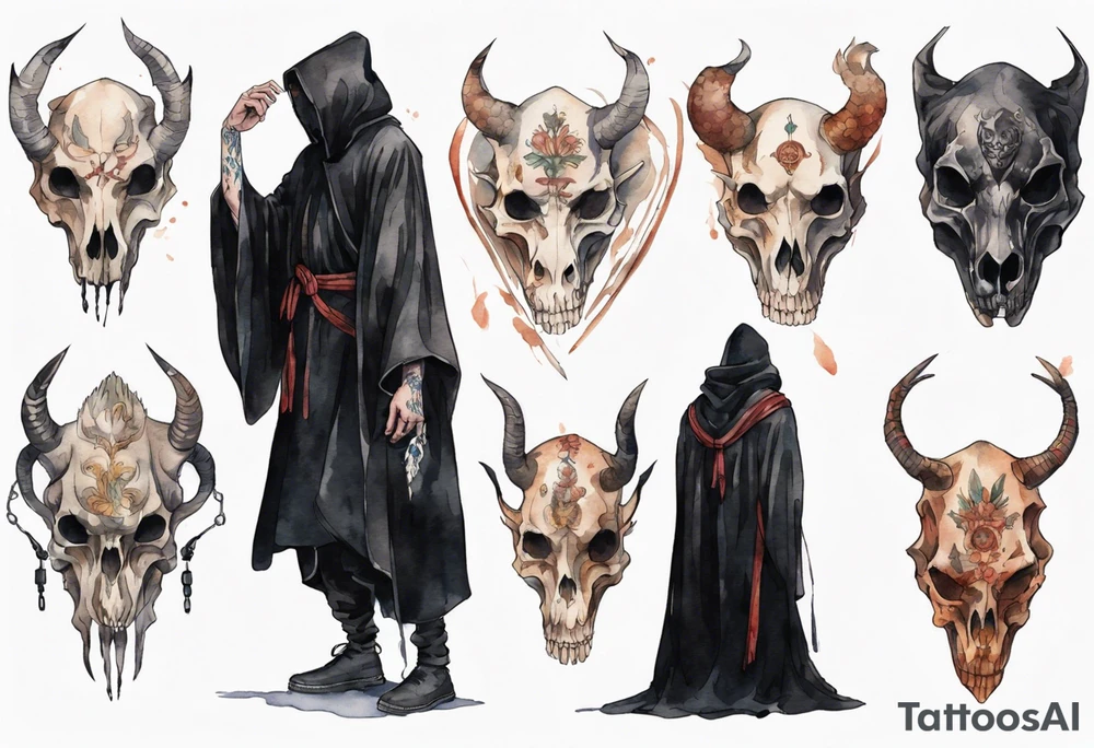 a thin medieval man in a black cloak wearing an animal skull mask tattoo idea
