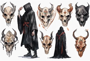 a thin medieval man in a black cloak wearing an animal skull mask tattoo idea