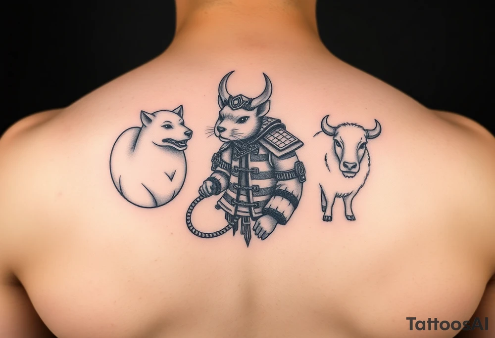 Japanese style tattoo consisting zodiac animals: rat(in the middle) dressed up samurai warrior style with with dog, goat, and ox surrounding the rat dressed up Samurai warrior style in a circular formation on the left of back tattoo idea