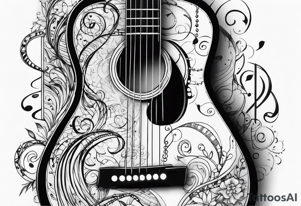guitar with musical notes wrapped around it tattoo idea