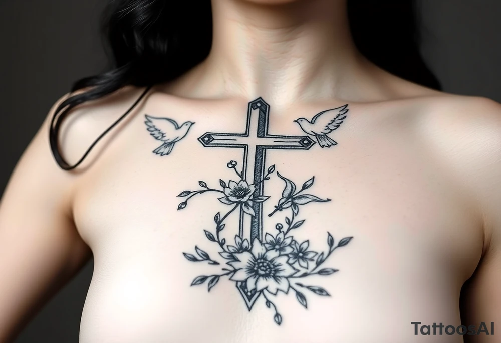 Cross:

A cross, a central symbol of Christianity, can be paired with images like doves (representing peace and love) or intertwined vines (symbolizing a strong and enduring bond).

Doves:

Doves, often seen as symbols of peace and lov can be incorporated into the design, representing the couple's commitment to each other and God.

Intertwined Vines/Hearts:

These designs symbolize the interconnectedness and unity of marriage, ofte adding a romantic and personal touch.

Bible Verses:

A relevant verse about marriage, such as Ephesians 5:21-33 or Proverbs 18:22, can be incorporated into the tattoo design, providing a reminder of their faith and commitment.

Cross Wrapped in Flowers:

This design can be both beautiful and symbolic with the cross representing faith and the flowe symbolizing the beauty of love and commitment.
On female rib cage tattoo idea