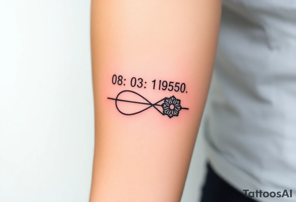 “Quero uma tatuagem no antebraço, simples e pequena. Deve ter a data de nascimento do meu avô 08/03/1950 escrita em vermelho, seguida de um traço reto e, à frente, o símbolo de infinito em preto com detalhes em branco. O design deve ser minimalista, com letras elegantes e proporcionais, mantendo um aspeto discreto.” tattoo idea