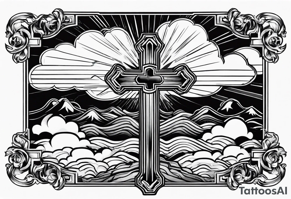 Cross with clouds and sun rays tattoo idea