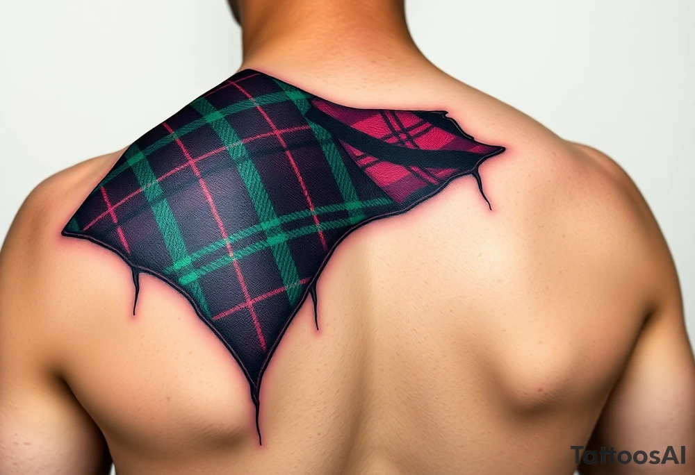 Dark Purple with green pink blue and white highlights tartan fabric with skin around edges peeling and wrapping around side of shoulder tattoo idea