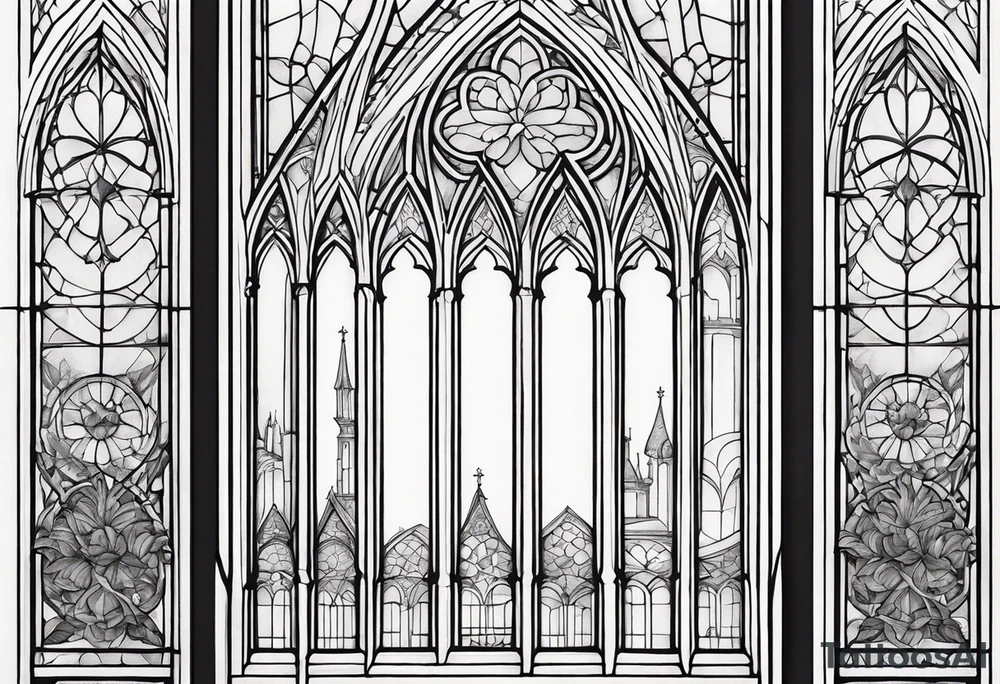 gothic, cathedral style window with intricate detail of windowsill, blacked out frames, long and skinny tattoo idea