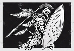 rectangular landscape format ultra-fine line linework vector of a spartan from the side, spartan spear, spartan shield, laurel wreath tattoo idea