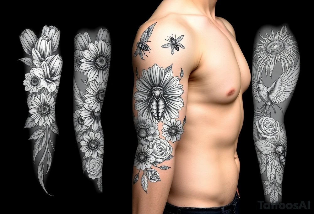 Create a design full sleeve arm tattoo with Tulip 
Sunflower 
Roses 
Bee 
Water 
Fire 
Earth 
Wind 
Phoenix 
Evil eye 
888 tattoo idea