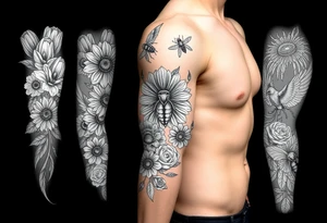 Create a design full sleeve arm tattoo with Tulip 
Sunflower 
Roses 
Bee 
Water 
Fire 
Earth 
Wind 
Phoenix 
Evil eye 
888 tattoo idea