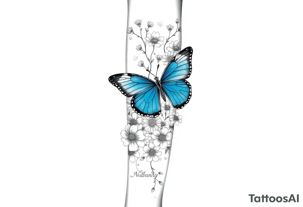 Sleeve/ floral with vines roses and daises large bright blue monarch in center of forearm with floral extending from wrist to mid bicep children’s names written with vines “ amber, Zachary, Justin, Harper, Vivian “ ARM SLEEVE tattoo idea