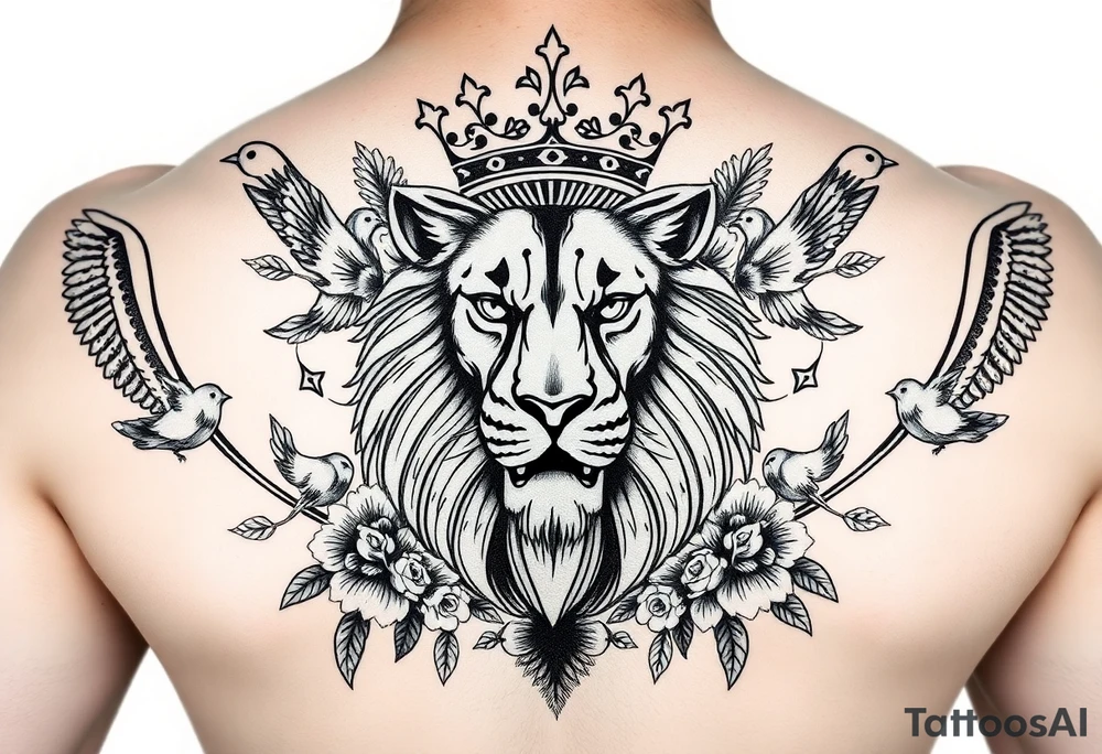 powerful majestic lion with a crown, surrounded by floral ornaments and birds tattoo idea