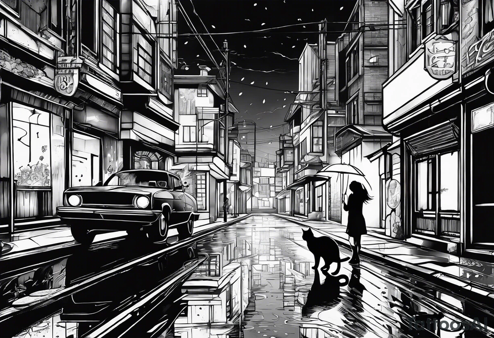 post apocaliptic city, with cat, rain tattoo idea