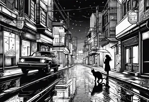 post apocaliptic city, with cat, rain tattoo idea