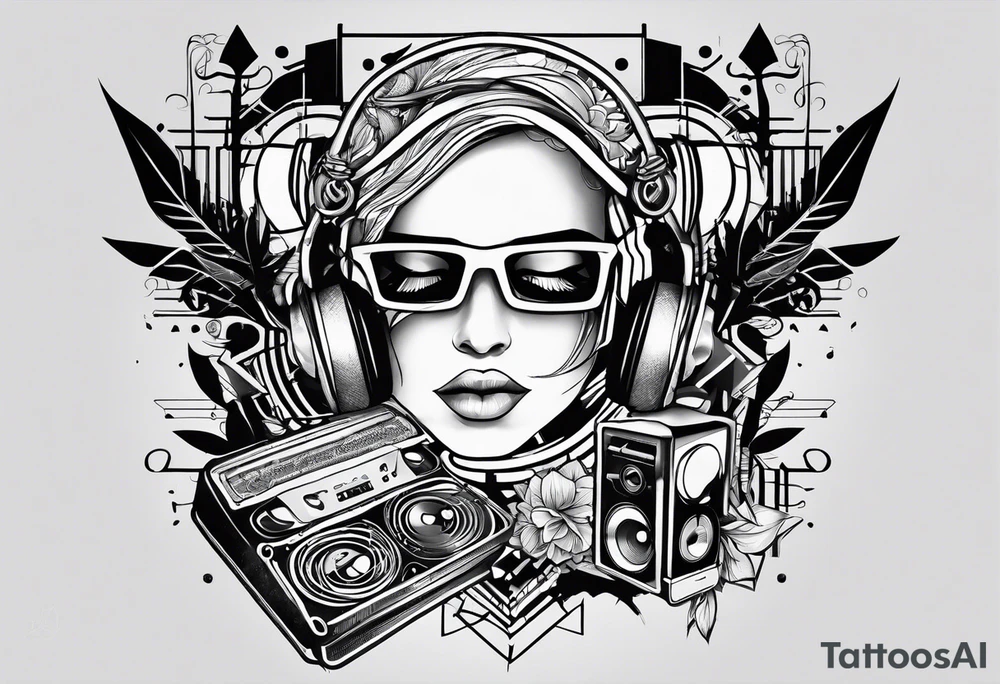 geometric tattoo with music notes, a cassette tape, and
instruments tattoo idea