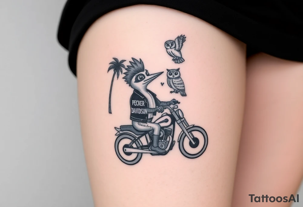Woody the woodpecker wearing a leather vest that says peckerwoods, on a Harley Davidson under a palm tree, gazing in love at a barn owl tattoo idea