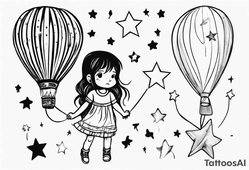 Little girl holding on to heart and star balloons and going up to the sky tattoo idea