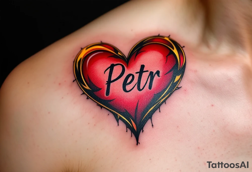 A bold red heart tattoo with the name "Petr" inside, shaded with black and outlined in gold, symbolizing passionate love. tattoo idea