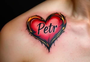 A bold red heart tattoo with the name "Petr" inside, shaded with black and outlined in gold, symbolizing passionate love. tattoo idea