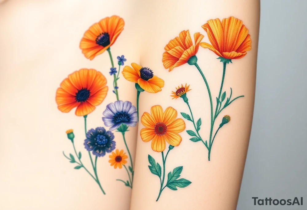 Create an image of an upper arm tattoo (from shoulder cap to just above the elbow) comprised of California poppies, California blackberries, gray’s lupine, marsh marigold, Indian paintbrush, one daisy, and an orange and orange blossom. Use color tattoo idea