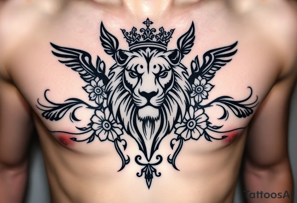 powerful majestic lion with a crown, surrounded by floral ornaments and birds tattoo idea