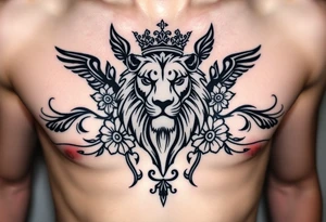powerful majestic lion with a crown, surrounded by floral ornaments and birds tattoo idea