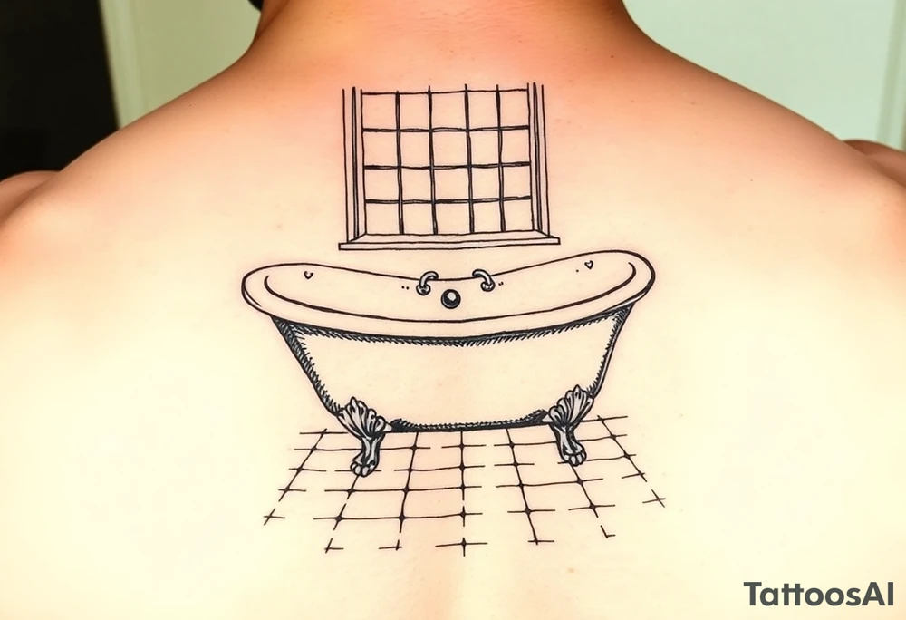 clawfoot bathtub with window above it that has light shining from the window down onto the tile floor tattoo idea