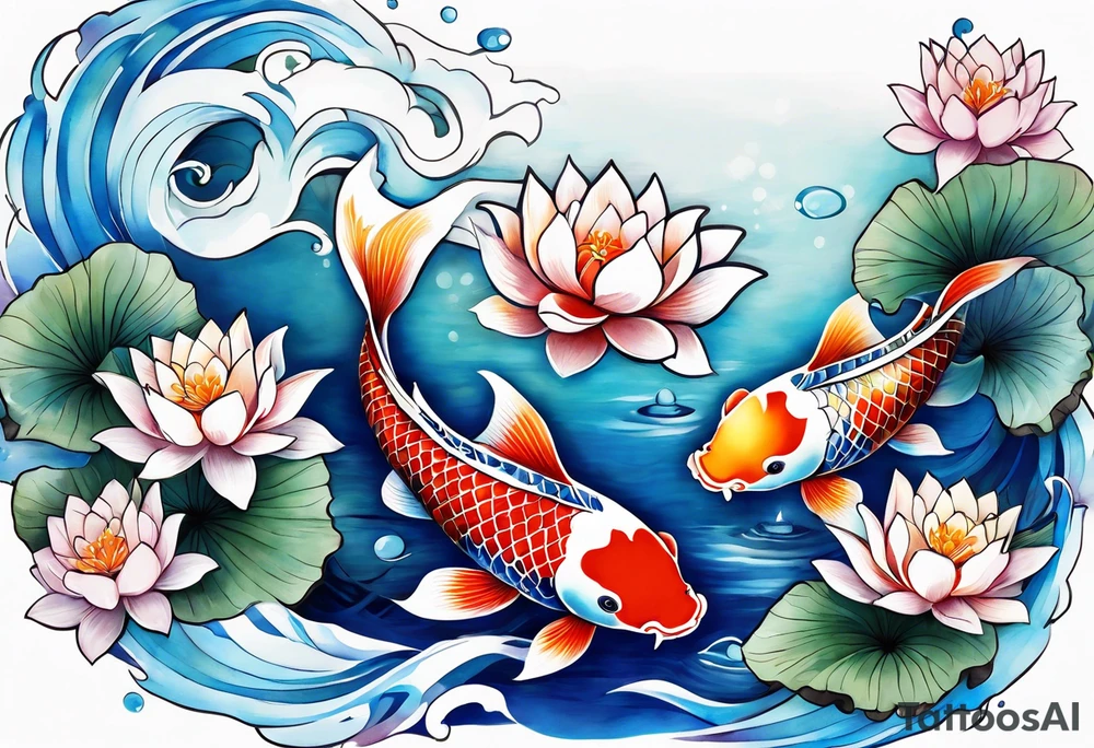 Two Blue and white  Koi swimming between and lotus flowers tattoo idea