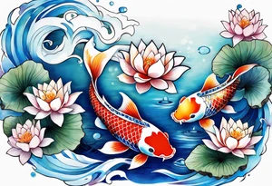 Two Blue and white  Koi swimming between and lotus flowers tattoo idea