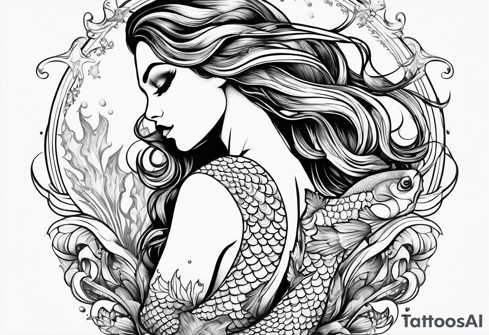 mermaid in line art american tattoo vintage style full body tattoo idea